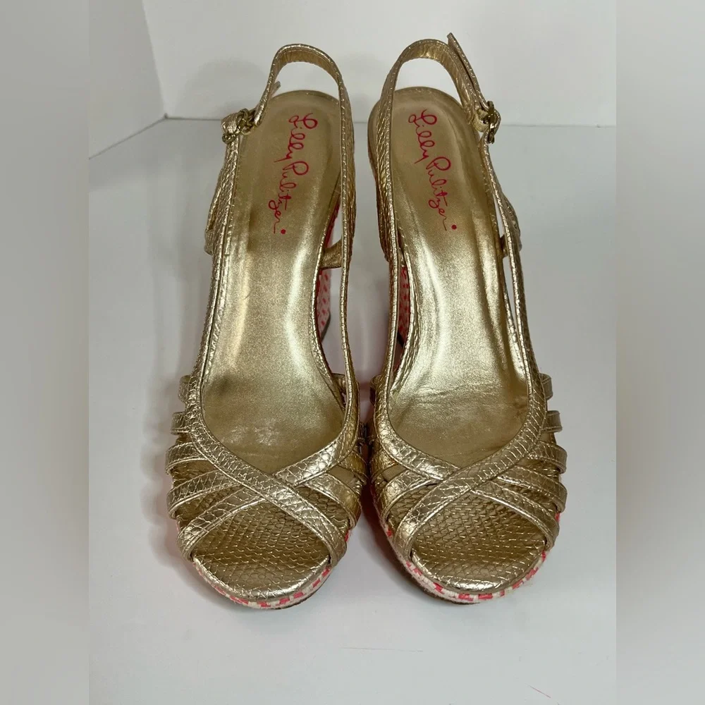 Lilly Pulitzer Sophie Pink and Gold Chevron Slingback Open Toe Strappy Wedges 6M